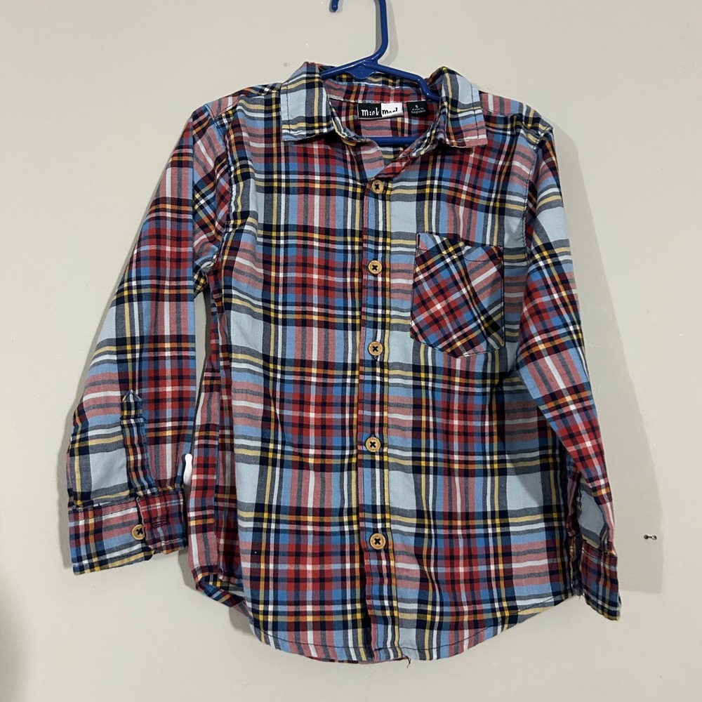Mick Mack Plaid Button Down Shirt Kids Size 5 Multicolor Excellent Long Sleeve